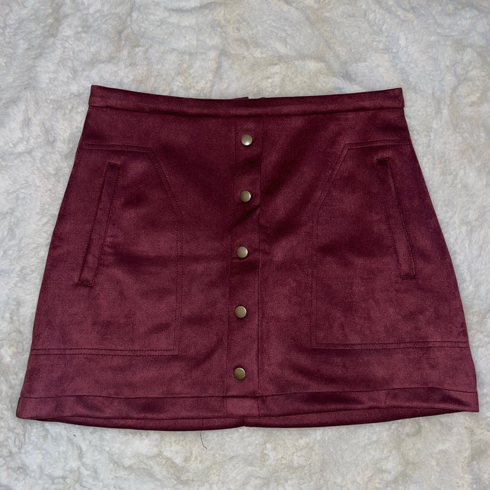 Maroon/Burgundy Faux Suede “Snap” Front Mini Skirt